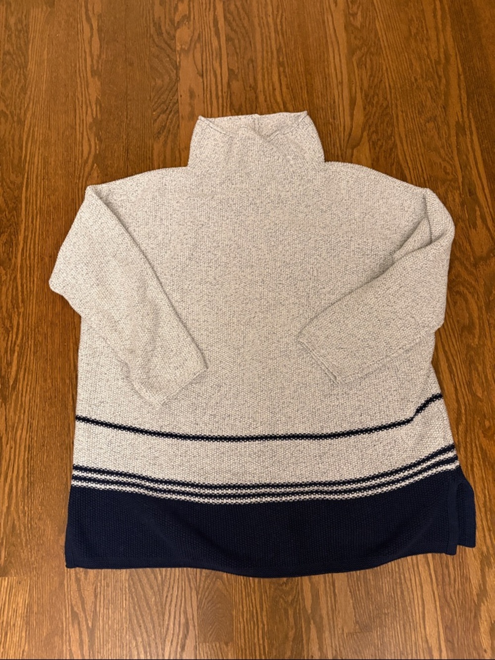 J Jill Sweater Womens Large Gray Navy Striped Boxy Funnel Neck Cotton Blend